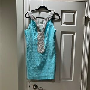 Chic Turquoise Dress with Silver Embellishments